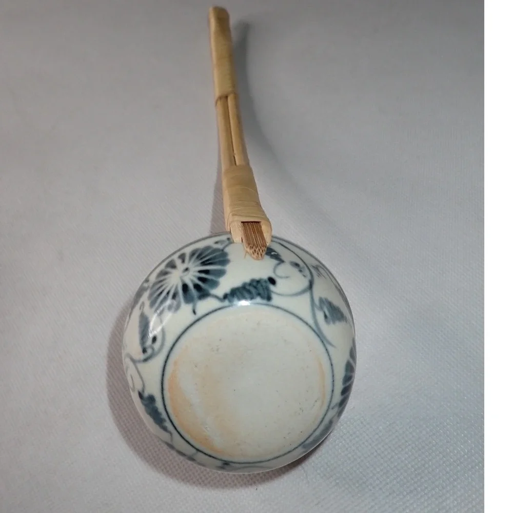 Vintage Blue and White Ceramic Water Ladle with Bamboo Handle